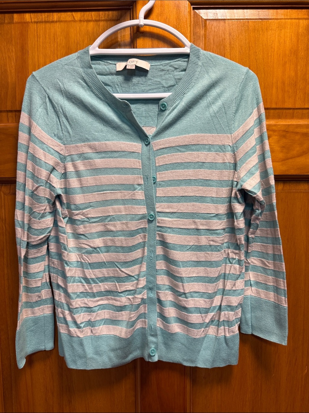 LOFT Turquoise and White Striped Button-Front Cardigan